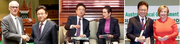 호주를 방문 중인 이철우 경북도지사는 지난 23일 뉴사우스웨일즈주(NSW) 그렉 파이프(Greg Piper) 하원의장, 클로버 무어(Clover Moor) 시드니 시장, 린다 스콧(Linda Scott) 호주지방정부협의회장(왼쪽 사진부터)을 연이어 만나 지방정부 간 상호 교류와 신규 교류 협력 사업에 대해 논의했다. 경북도 제공