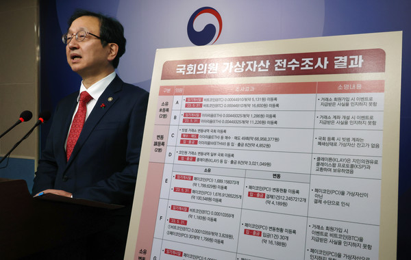 정승윤 국민권익위원회 위원장 직무대리가 29일 오전 세종시 정부세종청사에서 21대 국회의원 가상자산 전수조사 결과를 발표하고 있다. 연합뉴스