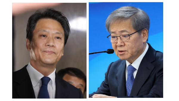 임종석(왼쪽) 전 청와대 비서실장과 임혁백 민주당 공천관리위원장. 연합뉴스