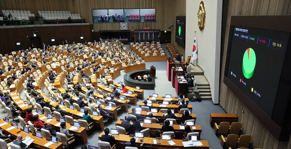 8일 국회에서 열린 본회의에서 조희대 대법원장 후보자 임명동의안 표결 결과가 나오고 있다. 연합뉴스