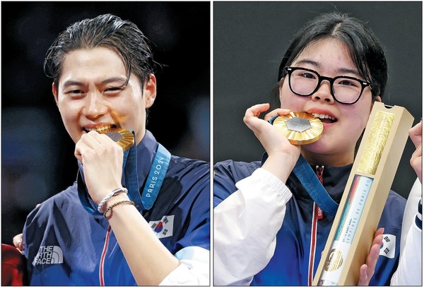 펜싱 사브르 남자 개인전서 우승한 오상욱(왼쪽)과 사격 여자 공기권총 10m서 우승한 오예지가 각각 금메달을 깨무는 세리머니를 펼치고 있다. 사진= 연합뉴스 제공