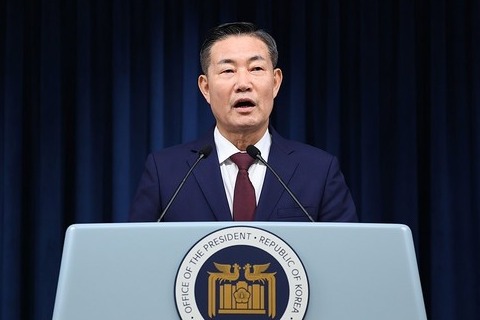 신원식 국가안보실장이 지난 9월 1일 서울 용산 대통령실 청사에서 '국가 사이버안보 기본계획'을 발표하고 있다.