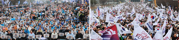 삼일절인 1일 서울 곳곳에서 윤석열 대통령 탄핵 찬반 집회가 열리고 있다. 왼쪽은 안국동 야 5당 공동 파면 촉구 범국민대회. 오른쪽은 여의대로 세이브코리아 탄핵 기각 촉구 '국가비상기도회'. 연합뉴스