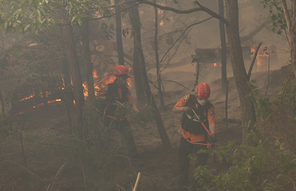 28일 오후 2시 1분께 대구 북구 노곡동 함지산에서 산불이 발생한 가운데 소방관들이 불을 끄고 있다. 연합뉴스