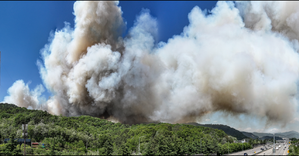 28일 오후 2시 1분께 대구 북구 노곡동 함지산에서 발생한 산불이 인근인 조야동 민가까지 확산하고 있다. 연합뉴스