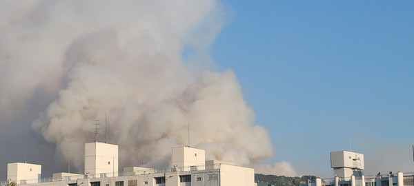 28일 오후 2시 1분께 대구 북구 노곡동 함지산에서 발생한 산불로 연기가 치솟고 있다. 독자 제공