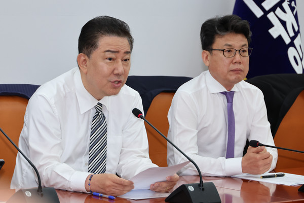 더불어민주당 김병기 당대표 직무대행 겸 원내대표가 17일 서울 여의도 국회에서 열린 원내대책회의에서 발언하고 있다. 연합뉴스