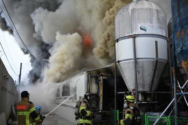 29일 오전 7시 41분께 군위군 군위읍 수서리 소재 돈사에서 불이 나 소방대원들이 진화작업을 하고 있다. 대구소방안전본부 제공