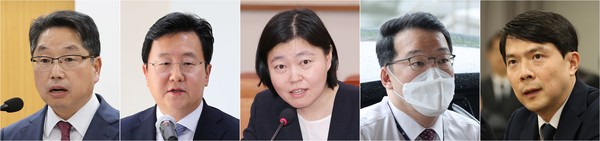 왼쪽부터 대검찰청 차장검사에 노만석(사법연수원 29기) 대검찰청 마약ㆍ조직범죄부장, 서울중앙지검장에 정진우(29기) 서울북부지검장, 서울동부지검장에 임은정 부장검사, 기획조정실장에 최지석(31기) 서울고검 감찰부장, 법무부 검찰국장에 성상헌(30기) 대전지검장. 연합뉴스
