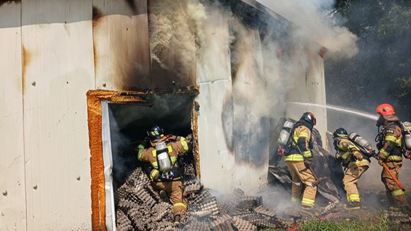 21일 오전 9시58분쯤 포항시 북구 청하면 신흥리의 양계장에서 불이나 소방 당국이 진화하고 있다. 경북소방본부 제공