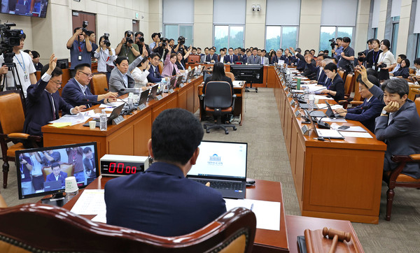 17일 서울 여의도 국회에서 열린 행정안전위원회 전체회의에서 각당 의원들이 상정 안건들에 대한 발언을 요청하며 거수하고 있다. 연합뉴스