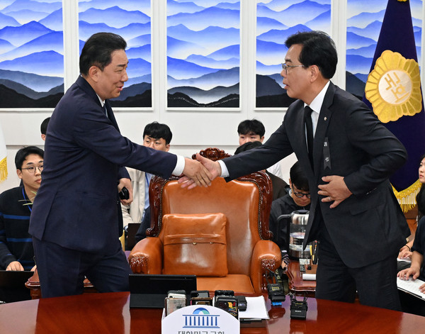 더불어민주당 김병기 원내대표(왼쪽)과 국민의힘 송언석 원내대표가 13일 국회에서 우원식 국회의장 주재로 열린 여야 교섭단체 원내대표 회동에서 만나 악수하고 있다. 연합뉴스